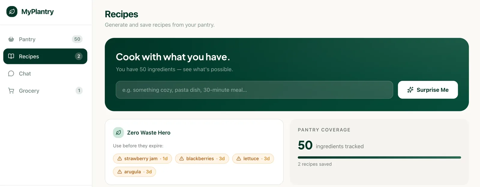 The myplantry recipes screen, with a prompt box for nudging the recipe and a list of ingredients that expire soon